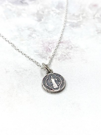 Mini St. Benedict Medal Necklace in Silver - 10mm