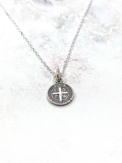 Mini St. Benedict Medal Necklace in Silver - 10mm