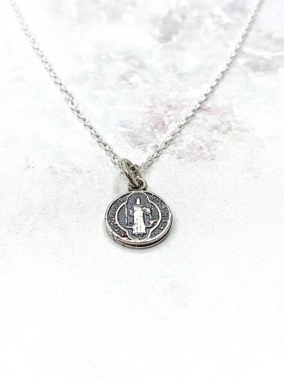 Mini St. Benedict Medal Necklace in Silver - 10mm