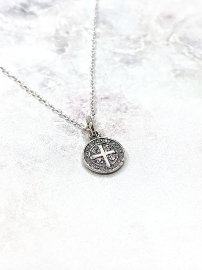 Mini St. Benedict Medal Necklace in Silver - 10mm