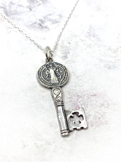 Saint Benedict Medal Key Necklace in Silver