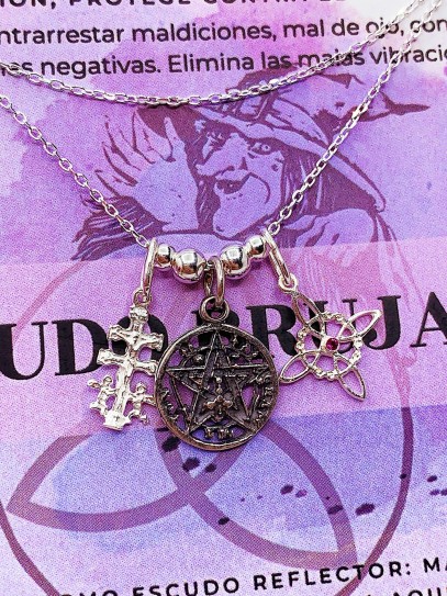 Triple protection silver necklace: Witch's Knot, Caravaca Cross and Tetragrammaton