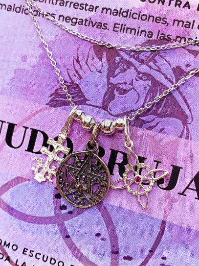 Triple protection silver necklace: Witch's Knot, Caravaca Cross and Tetragrammaton