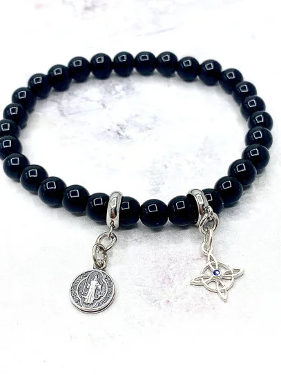 Triple protection silver bracelet: Witches Knot, Saint Benedict Medal and Tourmaline