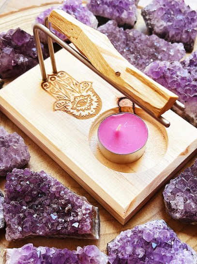 Soporte quemador de Palo Santo y Sahumerio de madera - Mano de Fátima