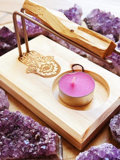 Soporte quemador de Palo Santo y Sahumerio de madera - Mano de Fátima