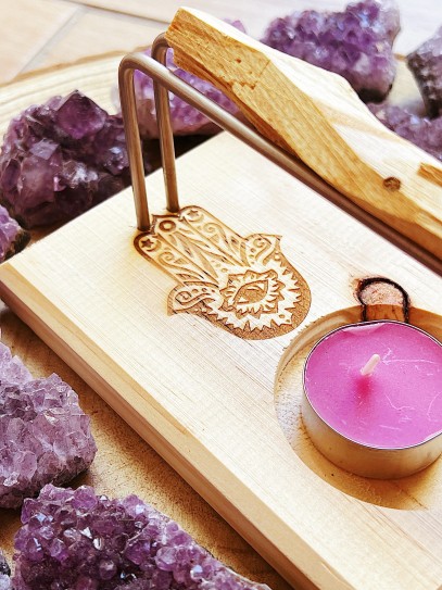 Soporte quemador de Palo Santo y Sahumerio de madera - Mano de Fátima
