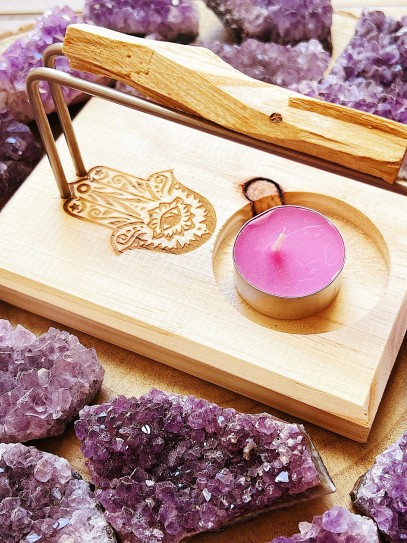 Soporte quemador de Palo Santo y Sahumerio de madera - Mano de Fátima