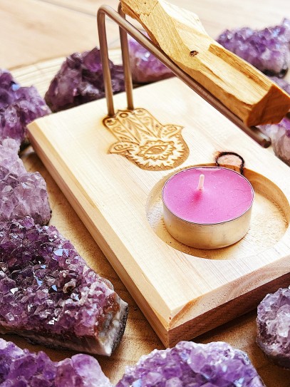 Soporte quemador de Palo Santo y Sahumerio de madera - Mano de Fátima
