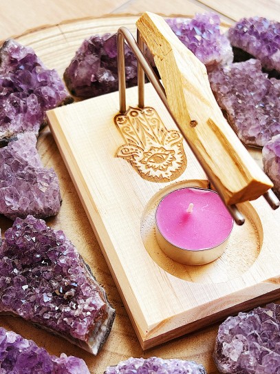 Soporte quemador de Palo Santo y Sahumerio de madera - Mano de Fátima