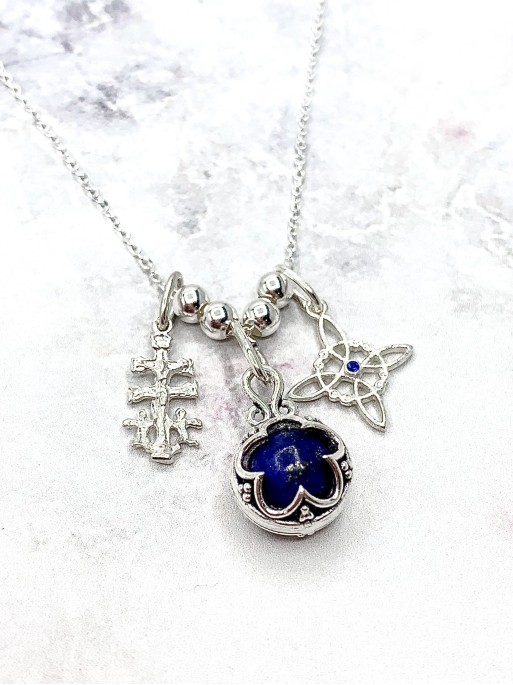 Triple protection silver necklace: Gotland Lapis lazuli Mini, Witches Knot and Caravaca Cross