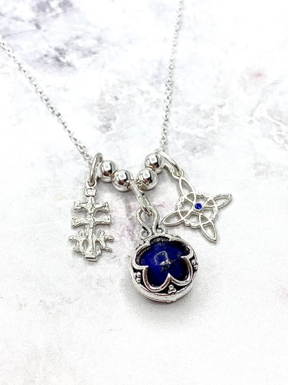 Triple protection silver necklace: Gotland Lapis lazuli Mini, Witches Knot and Caravaca Cross