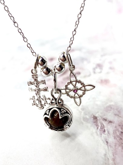 Triple protection silver necklace: Gotland Tiger's Eye Mini, Witches Knot and Caravaca Cross