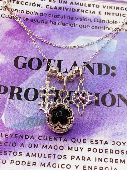 Collar triple protección de plata: Gotland Turmalina mini, Nudo de Bruja y Cruz de Caravaca