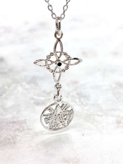 Triple protection silver necklace: Witches Knot and Tetragrammaton - Tourmaline