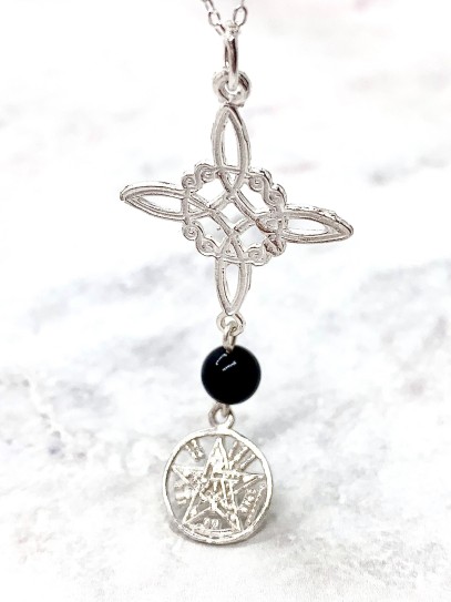 Triple protection silver necklace: Witches Knot and Tetragrammaton with Tourmaline