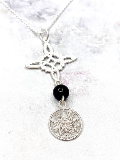 Triple protection silver necklace: Witches Knot and Tetragrammaton with Tourmaline