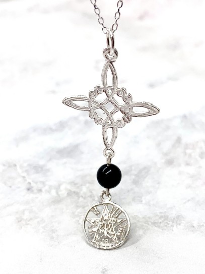 Triple protection silver necklace: Witches Knot and Tetragrammaton with Tourmaline