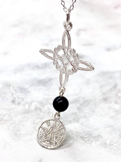 Triple protection silver necklace: Witches Knot and Tetragrammaton with Tourmaline