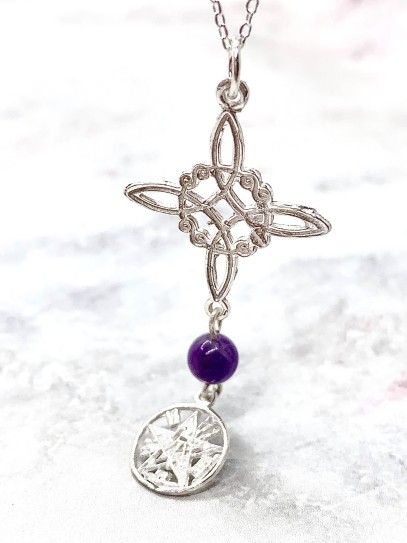 Collaret triple protecció de plata: Nus de Bruixa i Tetragramató amb Ametista