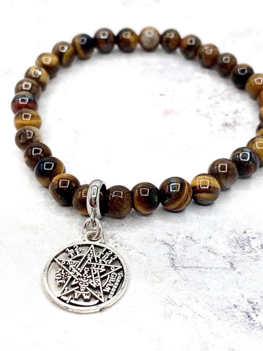 Pulsera 'Elly' de Tetragramatón y Ojo de Tigre 6mm de plata | Protección