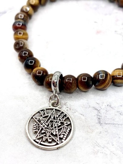 Pulsera 'Elly' de Tetragramatón y Ojo de Tigre 6mm de plata | Protección