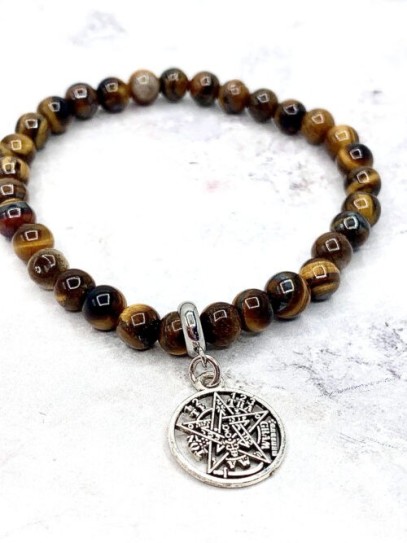 Pulsera 'Elly' de Tetragramatón y Ojo de Tigre 6mm de plata | Protección