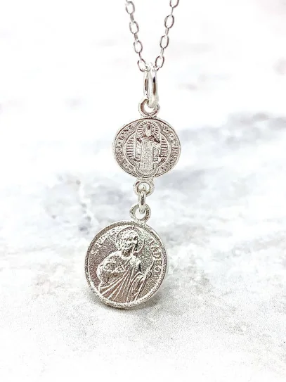 Double protection silver necklace: Medal of Saint Benedict and Saint Jude Thaddeus