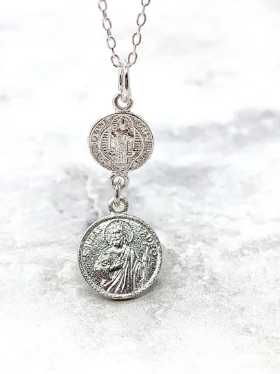 Double protection silver necklace: Medal of Saint Benedict and Saint Jude Thaddeus