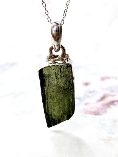 Collar de Moldavita ÚNICO grande de plata | Espiritualidad - Buena suerte