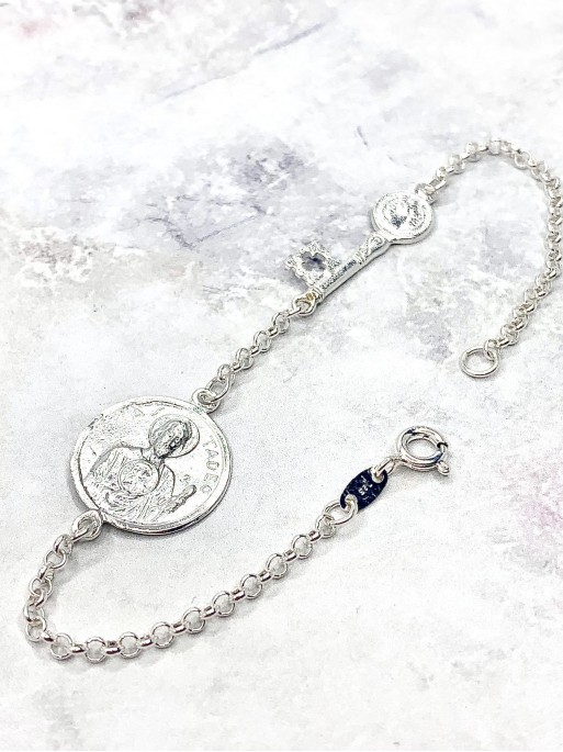 Pulsera triple protección de plata: Medalla llave de San Benito y San Judas Tadeo