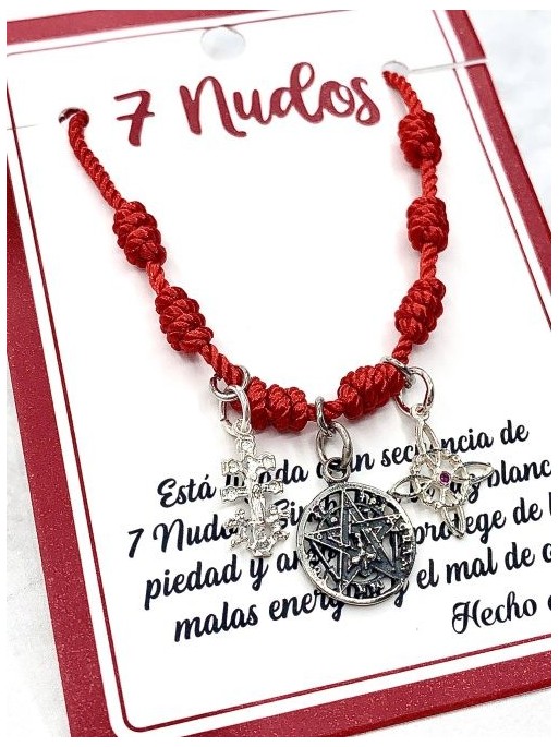 Red 7 knot triple protection bracelet: Witches Knot, Caravaca Cross and silver Tetragrammaton