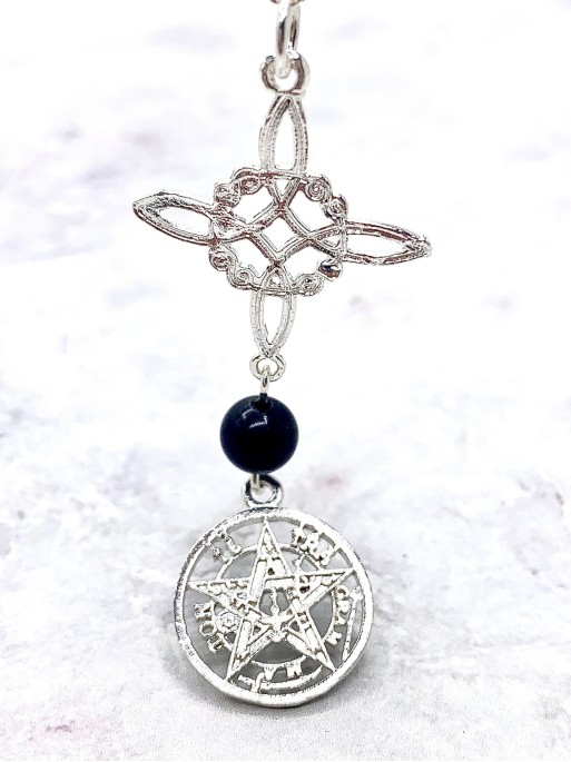 Collar triple protección de plata: Nudo de Bruja y Tetragramatón con Turmalina XL