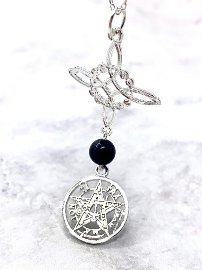 Collar triple protección de plata: Nudo de Bruja y Tetragramatón con Turmalina XL