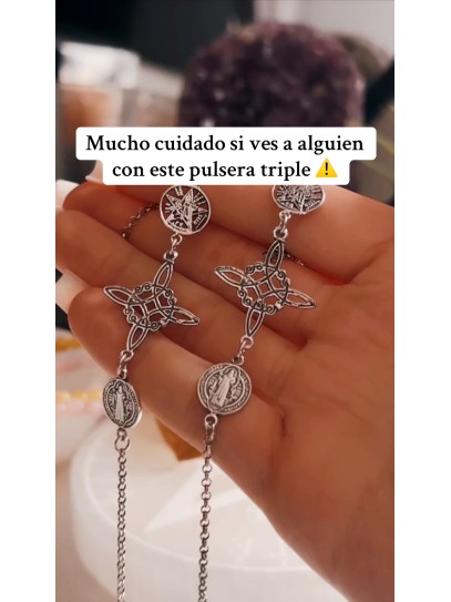 Triple protection silver bracelet: Witches Knot, Tetragrammaton and Saint Benedict Medal