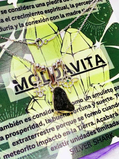 Collar de Moldavita triple protección de plata | Buena suerte - Espiritualidad