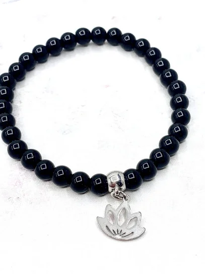Pulsera de Turmalina negra y Flor de Loto 6mm | Protección extrema