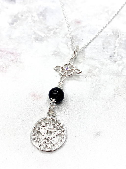 Triple protection silver necklace: Amethyst Witches Knot and Tetragrammaton with Tourmaline