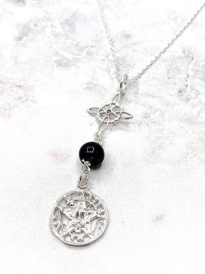 Triple protection silver necklace: Amethyst Witches Knot and Tetragrammaton with Tourmaline