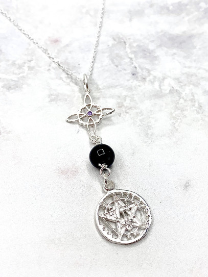 Triple protection silver necklace: Amethyst Witches Knot and Tetragrammaton with Tourmaline