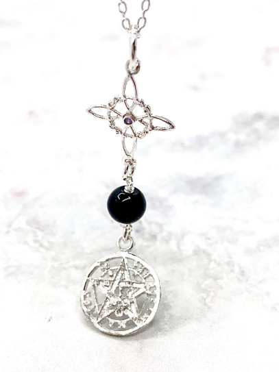 Collar triple protección de plata: Nudo de Bruja de Amatista y Tetragramatón con Turmalina