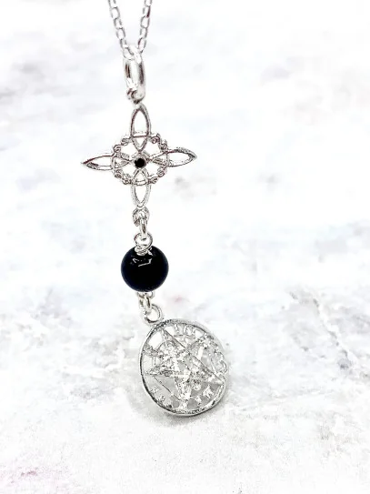 Triple protection silver necklace: Tourmaline Witches Knot and Tetragrammaton