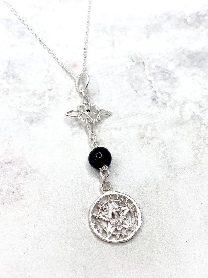 Triple protection silver necklace: Tourmaline Witches Knot and Tetragrammaton