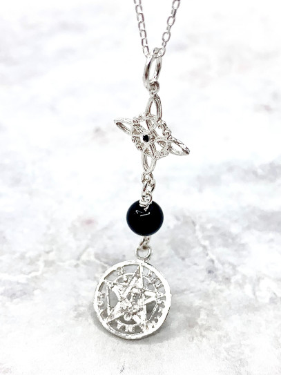 Triple protection silver necklace: Tourmaline Witches Knot and Tetragrammaton