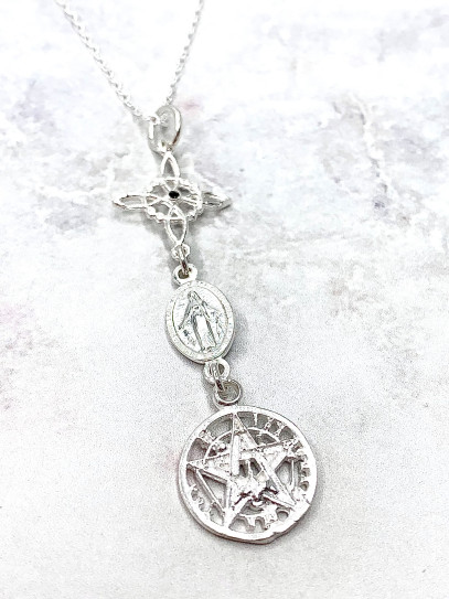 Collar triple protección: Nudo de Bruja, Medalla Virgen de la Milagrosa Turmalina y Tetragramatón