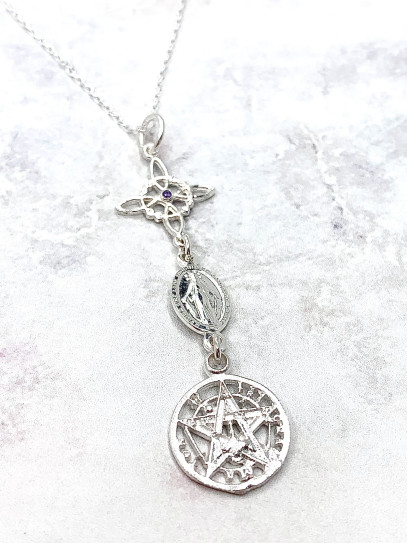 Collar triple protección: Nudo de Bruja, Medalla Virgen de la Milagrosa Amatista y Tetragramatón