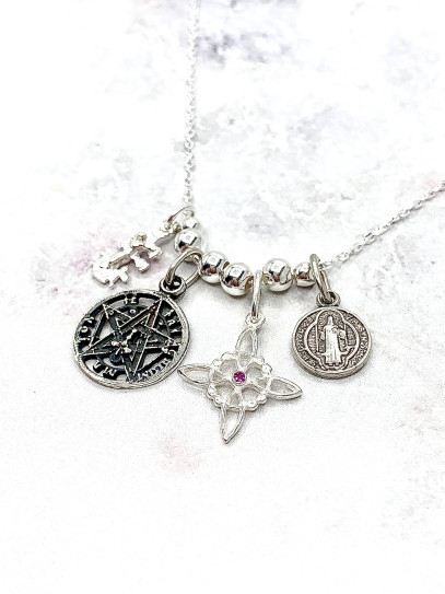 Four silver protection necklace: Witch's Knot, Caravaca Cross, Saint Benedict and Tetragrammaton