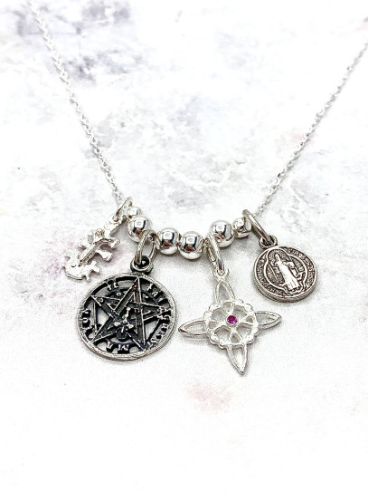 Four silver protection necklace: Witch's Knot, Caravaca Cross, Saint Benedict and Tetragrammaton