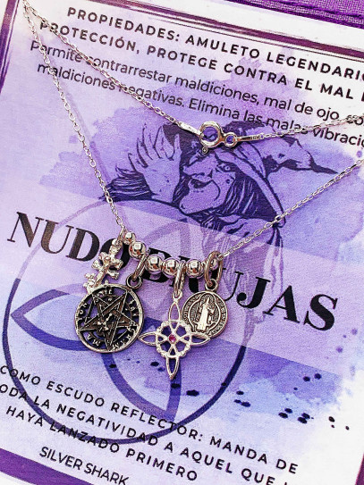 Four silver protection necklace: Witch's Knot, Caravaca Cross, Saint Benedict and Tetragrammaton