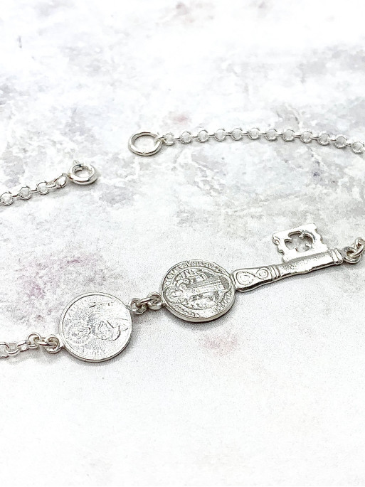 Pulsera triple protección de plata: Medalla llave de San Benito y San Judas Tadeo mini